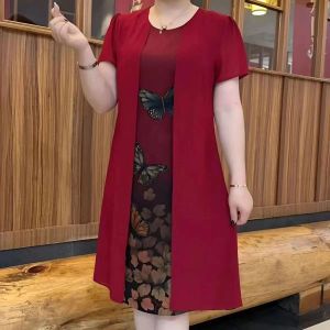 90KG Fat Girl Can Wear Fake Two Piece Women Short Sleeve Chiffon Dress Middle age Mother Plus Size Loose Dresses Female Retro Temperament dress