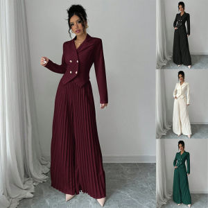 แฟชั่นแขนยาวเสื้อสูทกางเกงจีบชุดผู้หญิงใหม่แฟชั่นแขนยาวปุ่มด้านบนกระโปรงจีบกางเกงชุดสูท