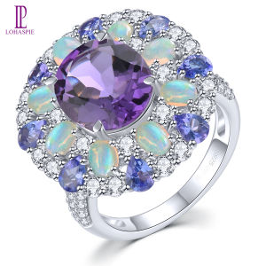 Lohaspie Jewelry Genuine 6.8 Carats Solid Sterling Silver 925 Ring Original Natural Opal Tanzanite Ring 925 Silver Ring Women Original Opal Birthstone Ring For Women Jewelry