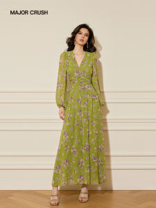 French Elegance Green Floral A-Line Dress