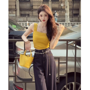 YUEZHONGWEI | French Style Square Neck Yellow Mesh Ruffle Sleeveless Blouse