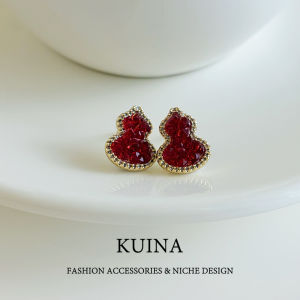 kuina | Red Crystal Gourd Fortune Ear Pins Pure Silver