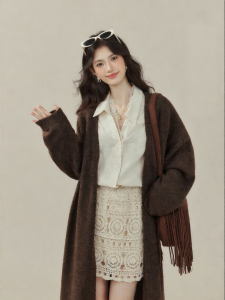 OUYANGXI | Áo Len Cardigan Dài Họa Tiết Melange Phong Cách Lười Biếng Thu Đông