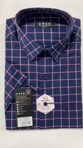 OWEN SALE - Áo Sơ Mi Owen Tay Ngắn Màu Kẻ Caro Trắng-Đỏ Nền Xanh Đậm  Họa Tiết Caro Form Body Fit Lai Ngang Chính Hãng