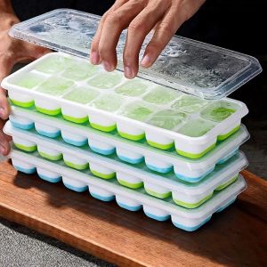 Square Silicone Ice Cube Tray Molds with Lid Silicone 14-cube Ice Cube Tray Food Grade Reusable Elastic DIY Iced Box Model Tools