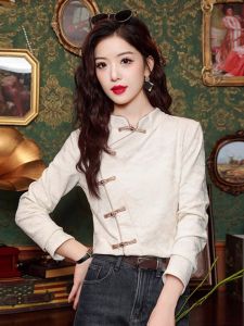 WANGGONGZHU | เสื้อเชิ้ตผู้หญิงสไตล์จีนใหม่ กระดุม ฤดูใบไม้ผลิและฤดูใบไม้ร่วง ดีไซน์ใหม่ ดีไซน์เล็ก สง่างาม ชุดกี่เพ้า เสื้อตัวบน