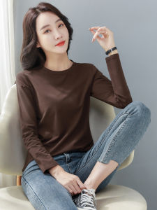 Spring Autumn New Pure Color Cotton Long Sleeve Womens T-shirt round Neck Loose Base Shirt Commute Style Korean Version