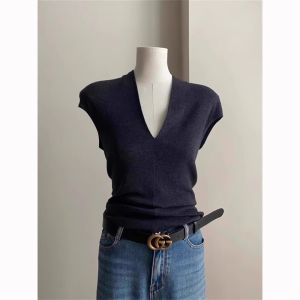 HUOLISI | French Old Money Style V-Neck Knit Short Sleeve Slim Fit T-Shirt