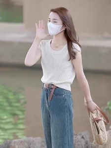 เสื้อยืดแขนสั้นผ้าไหมน้ำแข็งสีฟ้าคอเหลี่ยมแขนพองแฟชั่นฤดูร้อน เสื้อผ้าทำงานสำหรับผู้หญิง ทรงหลวม สีสันสดใส ลำลอง