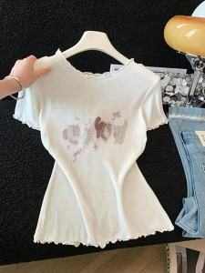 Cute Cat Print Round Neck Short Sleeve Slimming T Shirt