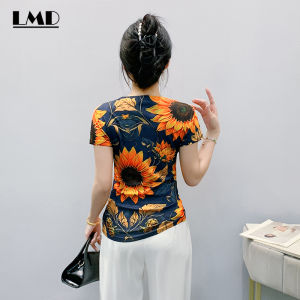 LMD เสื้อเชิ้ตผู้หญิงแขนสั้นวินเทจแขนสั้นพิมพ์ลายดอกทานตะวันเสื้อยืดคอกลมเสื้อยืดผ้าตาข่ายผ้ายืดพิมพ์ลายดอกทานตะวันสำหรับฤดูร้อน Sablon Bunga