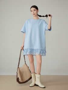 XIAODADEHUA | Design Casual Blue Short Sleeve Wide Off Shoulder Lace Trim Dress