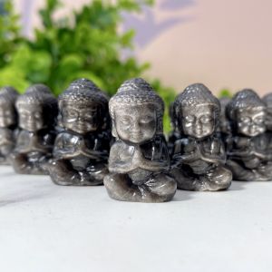 1PC Silver Obsidian Sitting Buddha Crystal CarvingJewelry Making And Decorative StoneGiftScene DecorationDIY Ornaments