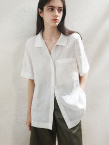 Miccbeirn | Pure Linen Embroidered Short Sleeve Shirt Elegant Turn-down Collar Commute Versatile Womens Top Simple Cool Feeling Blouse