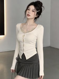 GUZILIAN | Lace Trimmed Two-piece Design Long Sleeve Slim Fit T-Shirt