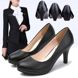 Professional Work Heels Womens Black Pointed Toe Shoes Commute Style round Closure Business Scene PU Lined Rubber Outsole