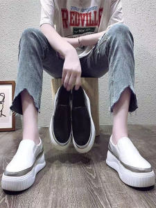 Spring Autumn 2024 Thick Bottom Flat Casual Loafers Womens Shoes Heightening All-Match Trendy Solid Color round Toe Glue Adhesive Shoes