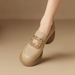 British Style Platform Leather Shoes Womens Authentic Leather Platform Loafers 2024 New Arrival Spring Rhinestone High-Heeled Lazybones Shoes