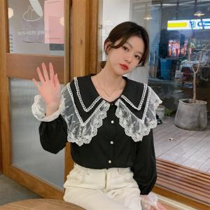 เสื้อเชิ้ตคอปกตุ๊กตาแขนยาวหลวมๆ ดีไซน์เก๋ไก๋ กระดุมแถวเดียว ผ้าฝ้ายผสมโพลีเอสเตอร์ ทรงหลวม สไตล์นักเรียน