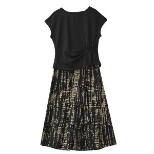 Impression Fashion Women Elegant Scoop Neck Short Sleeve Tunic Blouse with Elastic Waist Print Long A-line Skirt 2pcs Set Plus Size