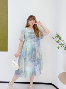 plus Size Womens Sweet Gradient Korean Style Splashed Ink Thin Chiffon Dress A-Line High Waist Summer Workwear Short Sleeve