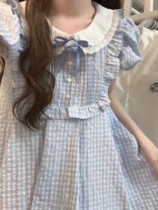 Stylish Niche Style Cute Dress Blue Gingham Dress Womens Summer Sweet Puff Sleeves Girls Dress Small