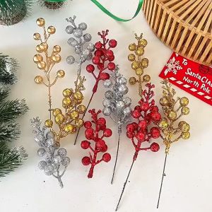5PCS Artificial Glitter Gold Powder Red Berry Stem Christmas Tree DIY Xmas Wreath Christmas Decorations Xmas Tree Ornaments Party Home Decorations