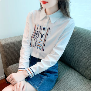 YIGE Commuter professional lapel white blouse temperament long sleeved shirt 2023 autumn new fashion embroidery top