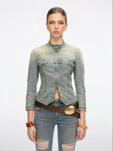 Retro Washed Denim Jacket with Double Zipper and Studs