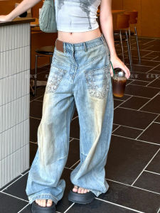 American Style Spicy Girl Embroidered Denim Pants Womens Vintage Mud Dye Reverse Pocket Floor-Length Trousers