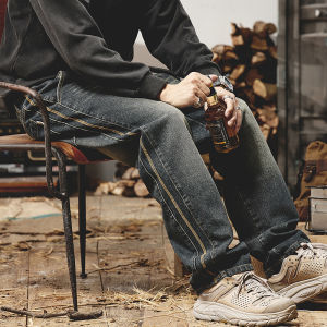 Retro American Denim Jeans Mens Spring Autumn Loose Straight Wide Leg High Street Trendy Casual Pants Youth Popular Long Pants