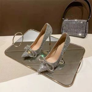 Silver High Heels Women New New Arrival Winter Stilettos Bow Pointed Toe Rhinestone Sequin Crystal Wedding Shoes with Wedding Dress
