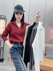 European Goods 2024 Fall and Winter New Arrival Double Zipper Turtleneck Knitting Cardigan Female Loose Slimming and All-Matching Sweater Coat Top