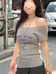 BINKAFENNY | Gray Irregular One Shoulder Knitted Short Sleeve T-Shirt Womens Slim Fit Design Summer Top Asymmetrical Shoulder Bared Shirt