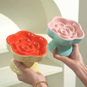 💯PG🥊 Ceramic Bowl Slow Feeder Cat Dog Food Bowls Retro Pet Anti-Choking Large Anti-Black Chin Water