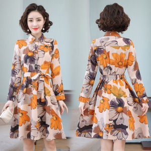 ชุดเดรสผู้หญิงแบบใหม่ต้นฤดูใบไม้ผลิปี2023ชุดยาวปานกลางแขนยาวเข้ารูปไซส์ใหญ่ผ้าชีฟองเรียบหรูแฟชั่นสำหรับคนอ้วน