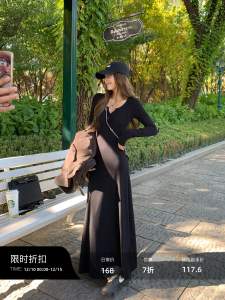 ChenMiFan Long Sleeve Knitted Dress Womens Autumn Waist Cinched Slim Fit Base A-Line Long Dress Elegant Feeling Polyester Fiber