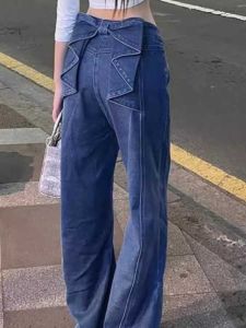 American High Street 3D Butterfly Knot Womens Design Loose High Waist Slim Straight Leg Wide Leg Long Jeans Denim Pants