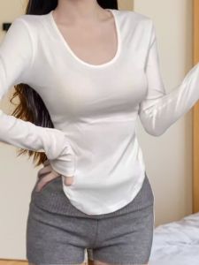 Áo Thun Dài Tay Ôm Vừa Vặn Pure Desire Style Cỡ Lớn Cho Nữ Mùa Thu Phong Cách Hàn Quốc Cổ Chữ U Tay Thường Màu Trơn