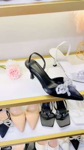 Giày sandal cao gót HALEY STORE bít nơ kết đá gót 7cm nơ đá bít mũi da lụa xước quai kéo tiểu thư cô dâu đi tiệc