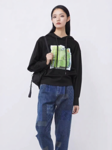 SDEER | Áo Hoodie Đen phối Màu có Dây Kéo cho Phụ Nữ