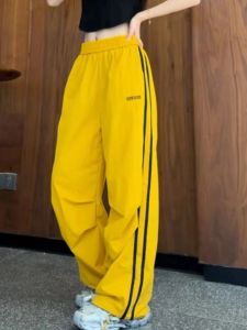 Quần Thể Thao Ống Rộng Nhanh Khô American High Street Sọc Cho Nữ Mùa Hè 2025 Quần Dài Thường Ngày Rộng Rãi Quần Áo Làm Việc