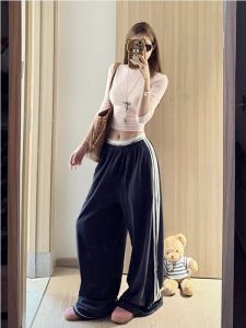 Tall Womens Loose Straight Leg Pants American Retro Dark Blue Casual Sweatpants Wide Leg Trousers Trendy High Waist
