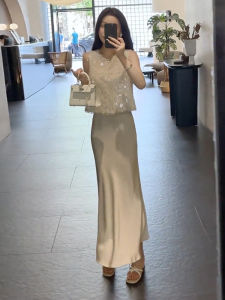 เรียบหรู เลื่อม เสื้อกั๊ก เสื้อครึ่งตัว กระโปรง ชุดสองชิ้น ฤดูร้อน คุณภาพดาราสไตล์ใหม่ ผู้หญิง ชุดแฟชั่น โพลีเอสเตอร์ วัสดุ