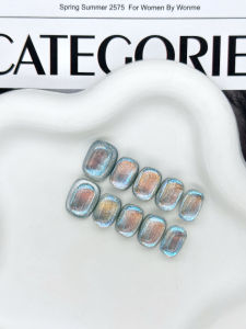 Galactic Ice Cube Flash Blue Cat Eye Dreamy Short Pure Handmade Wearable Nail Art Glittering Short Wearing False Nails