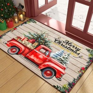 VIKAMA Vintage Xe Tải Đỏ Xmas Cây Sàn Gỗ Mềm In Hình Thảm Cho Hiên Nhà Lối Vào Phòng Khách Giáng Sinh Trang Trí