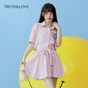 Pink Heart Plaid Short Sleeve Shirt Dress Womens Summer New Style Cotton Pure Material A-Line Skirt H-Shape Dress One Dress One Skirt