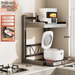 BW | Kitchen Multi-layer Microwave Stand Rack Slide-out Storage Shelf Metal Countertop Organizer for Rice Cooker And Cooking Utensils