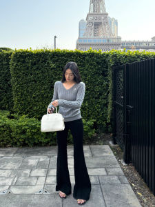 ZhouMiao Womens Slim Fit Flared Pants High Elasticity Knitted Ribbed Fabric Vintage Casual Long Pants Commute Style Zipper Closure