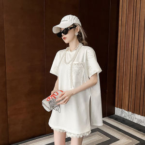 New Chinese Style Mid-Length T-Shirt Womens Summer 2025 Embroidered round Neck Loose Casual Short Sleeve Streetwear